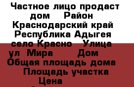 Частное лицо продаст дом  › Район ­ Краснодарский край, Республика Адыгея, село Красно › Улица ­ ул. Мира 566 › Дом ­ - › Общая площадь дома ­ 70 › Площадь участка ­ 1 300 › Цена ­ 1 500 000 - Адыгея респ., Красногвардейский р-н, Красногвардейское с. Недвижимость » Дома, коттеджи, дачи продажа   